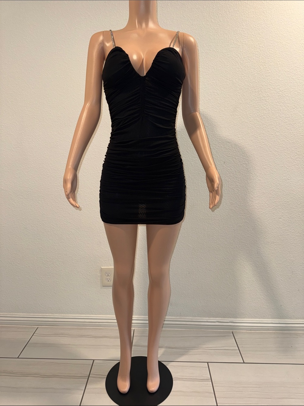 Black Ruched Bodycon Dress with Sparkle Straps